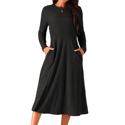 Seta T Women s Long Sleeve Round Neck Casual Knit A Line Midi Dress Black Small