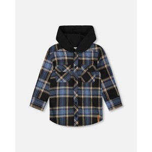 Deux par Deux Boy Long Sleeve Hooded Flannel Shirt Blue and Black - 1 of 4