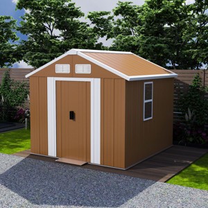 Brown Heavy-Duty Metal Outdoor Storage Shed with Windows, Lockable, All-Weather Waterproof Garden Tool Shed for Backyard or Lawn – Cuddlewood - 1 of 4