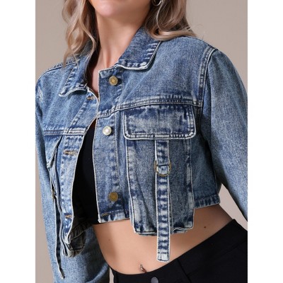 INSPIRE CHIC Women's Crop Turndown Collar Button Down Cargo Pockets Denim Jacket Medium Gray Blue — фото 4