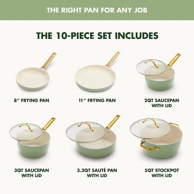 Sage Green 10-Piece Ceramic Nonstick Cookware Set with Gold Handles