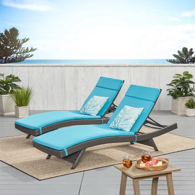 Set of 2 Black Wicker Adjustable Chaise Lounges with Blue Cushions