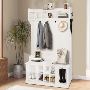 Multi-Functional Coat Rack with Shoe Storage and Nightstand, Sturdy Wood Entryway Organizer for Small Spaces - 1 of 4