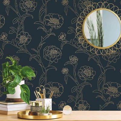 Peacock Blue and Gold Floral Peel and Stick Wallpaper