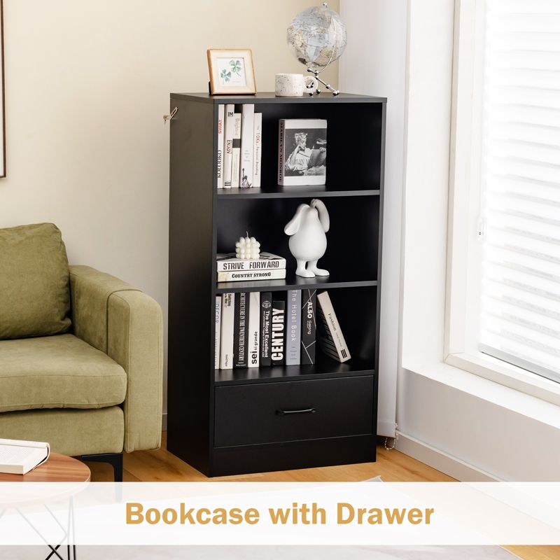 Tangkula 4-Tier Bookcase w/Storage Drawer Modern Storage Shelf w/3-Tier Open Shelf Freestanding Display Shelf Grey/Natural/White, 5 of 11