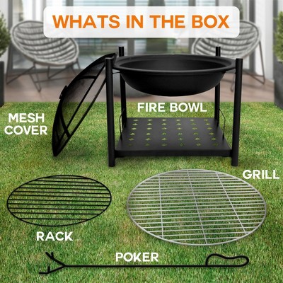 Black Steel 26'' Wood Burning Fire Pit with Grill and Spark Screen