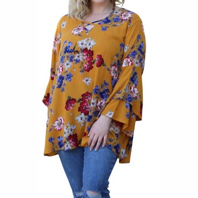 Women's Floral Layered Bell Sleeve Tunic - PLUS - ANGIE