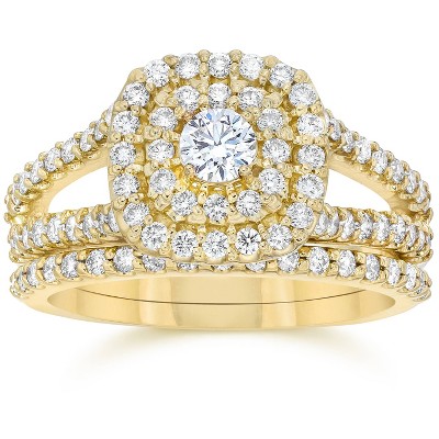 Pompeii3 1 1/10CT Cushion Halo Diamond Engagement Wedding Ring Set 10K Yellow Gold