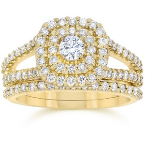 Pompeii3 1 1/10CT Cushion Halo Diamond Engagement Wedding Ring Set 10K Yellow Gold - 1 of 4