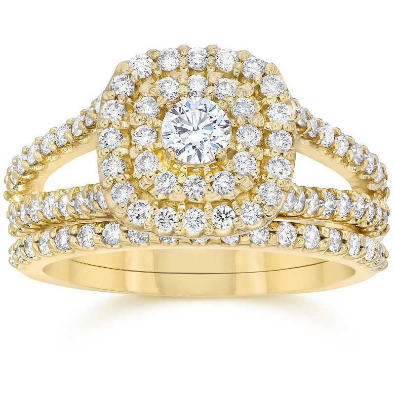 Pompeii3 1 1/10CT Cushion Halo Diamond Engagement Wedding Ring Set 10K Yellow Gold, 1 of 6