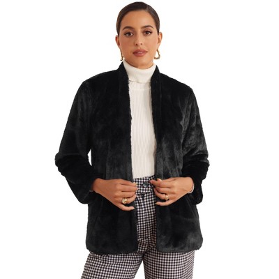 Allegra K Women's Faux Fur Long Sleeve Open Front Fluffy Jacket with Pockets