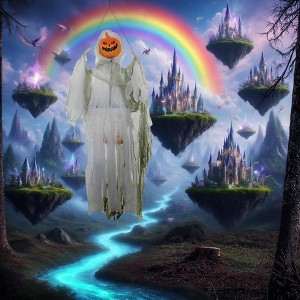 Whisen Outdoor Halloween Hanging Pumpkin Ghost w/ Light Up Eyes, Sound Activated Prop w/ Creepy Howling Sounds - Light Green - 1 of 4
