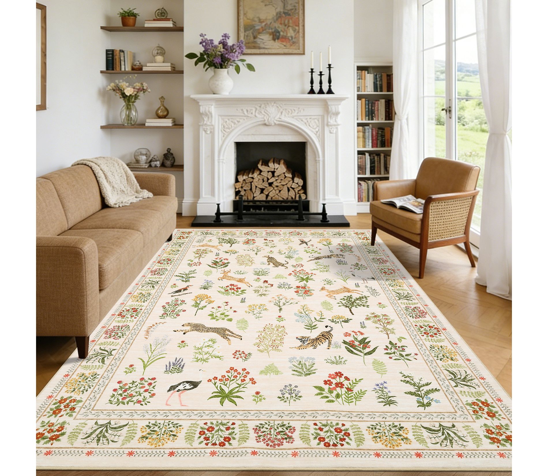 Washable Floral Rug 5x7 Farmhouse Living Room Rug Non Slip, Botanical Animal Carpet, Soft Non Shedding Low Pile Floor Covering