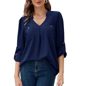 Womens Casual Tops V Neck Pullover Shirts Basic Long Slleeve Chiffon Tops Business Work Tunic Shirt with Adjustable Sleeve - 1 of 4