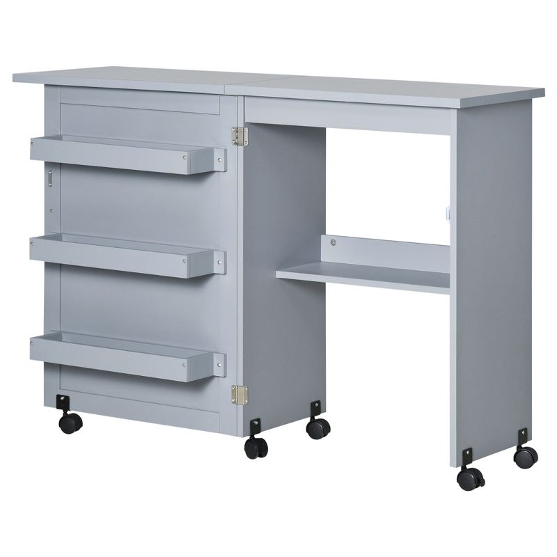 HOMCOM Folding Sewing Table, Rolling Utility Work Station Side Desk with 3-Tier Storage Bins, Shelf, and Lockable Casters, Gray, 4 of 7