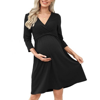 WhizMax Women's Maternity Dress 3/4 Sleeve V Neck Nursing Dresses Casual A Line Ruffle Party Midi Dress