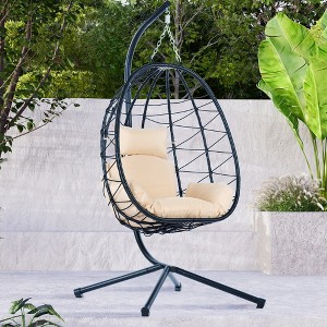 Rattan Swing Egg Chair with Stand and Cushion for Indoor/Outdoor Use - 1 of 4
