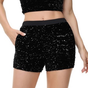 Anna-Kaci Women's High-Waisted Sequin Shorts with Elastic Waistband and Side Pockets - 1 of 4