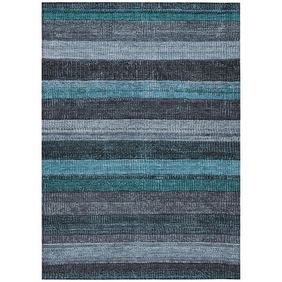 Teal Blue And Gray Striped Washable Indoor Outdoor Area Rug