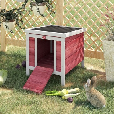 Red and White Wooden Guinea Pig House with Ramp and Roof