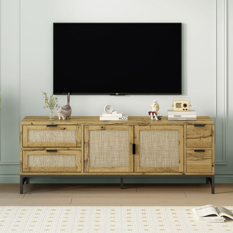 59.09" Elegant Rattan TV Stand with Adjustable Shelves and Wood Grain Finish - ModernLuxe, 2 of 10