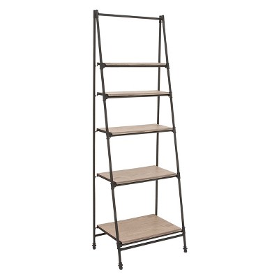 72" Black Metal and Pine Wood 5-Tier Ladder Shelf
