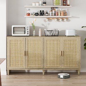 Lyngins Rattan Storage Cabinet with Adjustable Shelf, Versatile Kitchen Cabinet, 4-Door Sideboard Buffet Cabinet & Pantry Cabinet, Solid Wood Legs - 1 of 4