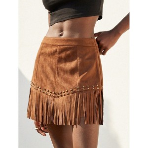 Coolmee Women's Suede Skirts Fringe Sexy Country Concert Outfit Western High Waisted Short Skirt with Side Zipper - 1 of 3
