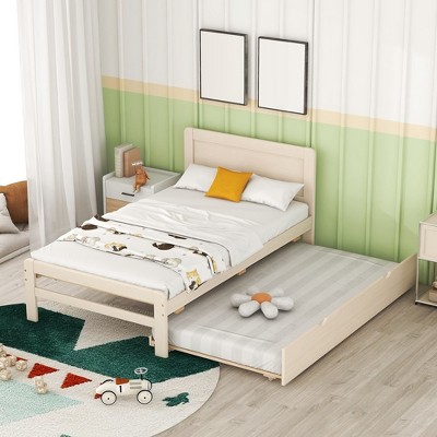 Modern Twin Size Platform Bed Frame With Trundle Solid Wood Slats No Box Spring Needed For Bedroom Guest Room