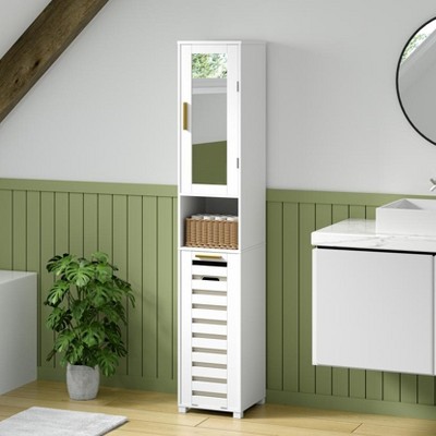 VECELO Tall Bathroom Cabinet With Mirror & Door, Tilt Out Laundry Hamper Cabinet with Removable Laundry Basket, White