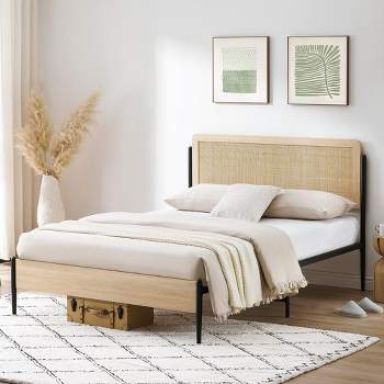 Full Queen Size Bed Frame with Rattan Headboard, Platform Bed Frame with Safe Rounded Corners, Strong Metal Slats Support, No Box Spring Needed, White Oak