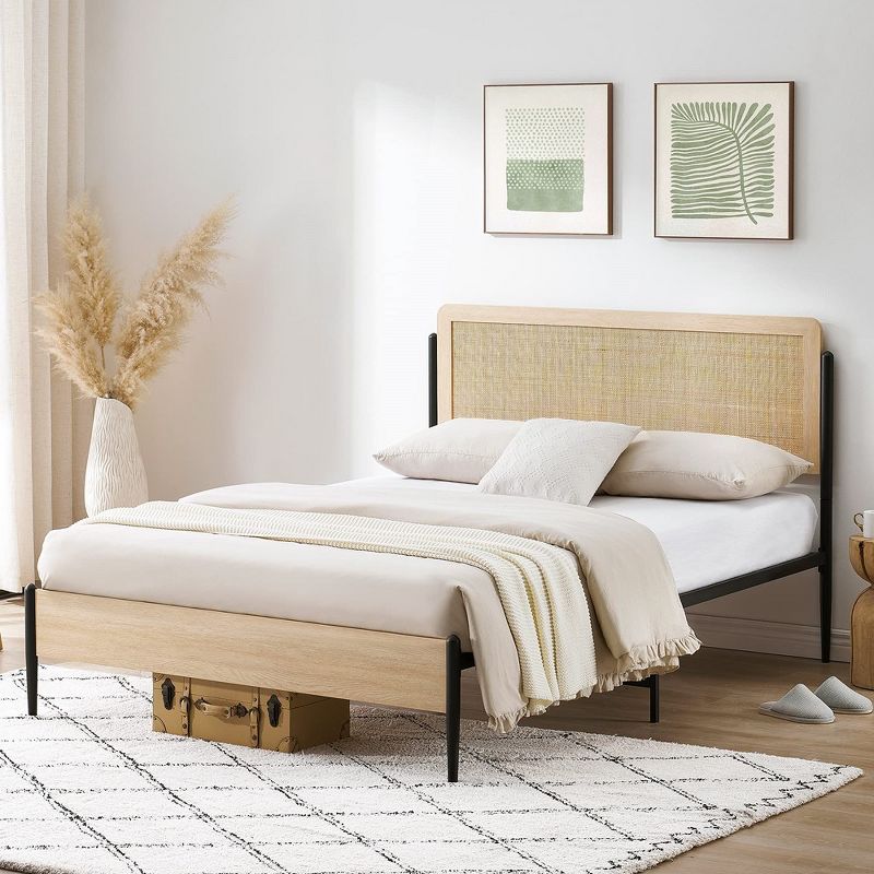 Full Queen Size Bed Frame with Rattan Headboard, Platform Bed Frame with Safe Rounded Corners, Strong Metal Slats Support, No Box Spring Needed, White Oak, 1 of 9