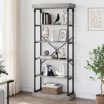 Industrial Bookshelf Wood Bookcase 6 Tier Storage Open Rack Shelf with Metal Frame Tall Standing Bookshelves Large Grey Display Rack Home Office