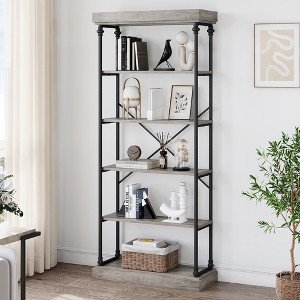 Industrial Bookshelf Wood Bookcase 6 Tier Storage Open Rack Shelf with Metal Frame Tall Standing Bookshelves Large Grey Display Rack Home Office - 1 of 4