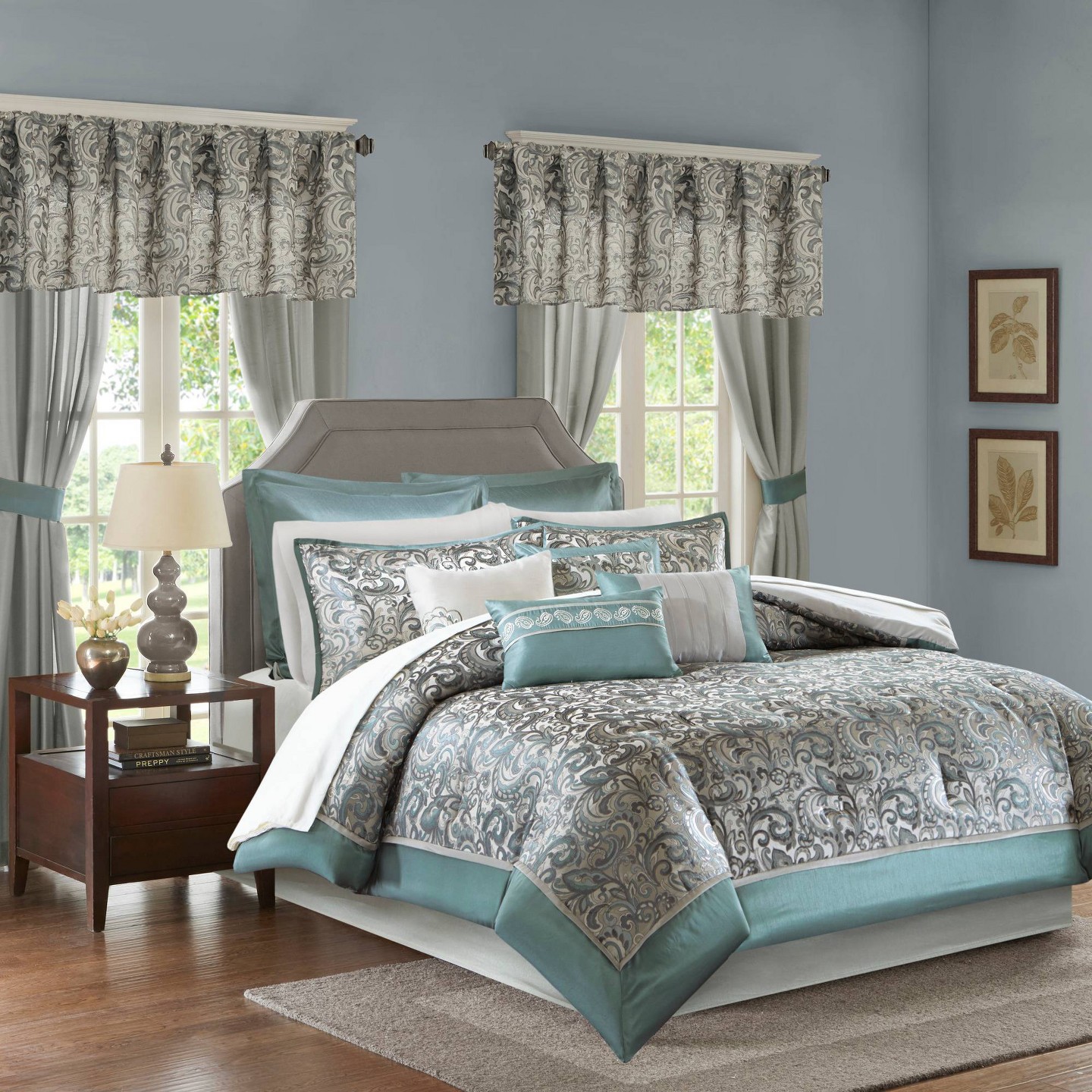 Madison Park 24pc Queen Isabella Room in a Bag Teal: Polyester Paisley Bedding Ensemble with Faux Silk Window Treatments, цвет: Бирюзовый — фото 1