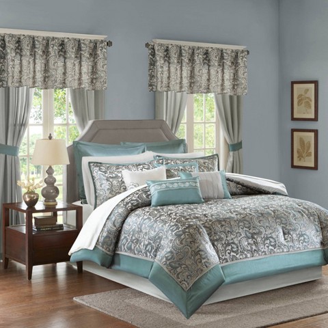 Madison Park 24pc Queen Isabella Room in a Bag Teal: Polyester Paisley Bedding Ensemble with Faux Silk Window Treatments