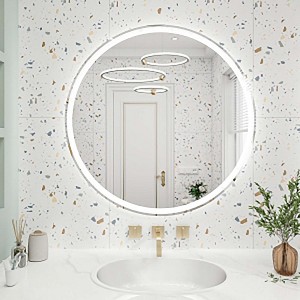 32 Inch Round Backlit Bathroom Mirror, Led Round Mirror with Lighting Strip, Waterproof Led Strip with Adjustable 3-Color and Dimmable Lighting - 1 of 4