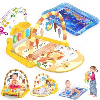 Skirfy 2 in 1 Baby Gym Playmat, Tummy Time Water Mat with 5 Infant Sensory Baby Toys & Play Piano, Boys and Girls Newborn Baby Gift