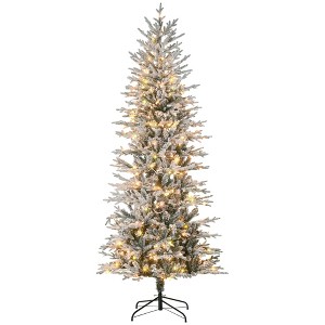 HOMCOM 7.5 FT Prelit Artificial Christmas Tree Holiday Decoration with Snow Flocked Branches, Warm Yellow Clear Lights, Auto Open, Extra Bulb - 1 of 4