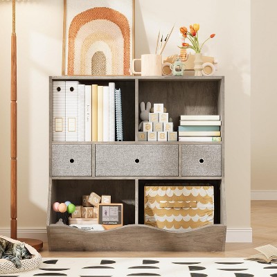 Kids Toy Storage Organizer with 3 Removable Drawers and 4 Open Cubbies, Multifunctional Bookshelf and Floor Cabinet for Nursery, Playroom and Bedroom