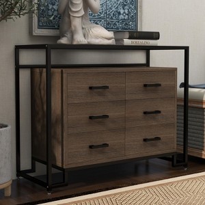 6-Drawer Chest of Drawers with Tempered Glass Top Shelves, Wooden Chest with Black Steel Frame, Modern Storage Cabinet for Living Room Bedroom, Brown - 1 of 4