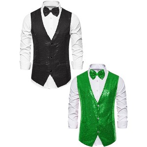 Lars Amadeus Men's Sleeveless Sparkle Sequin Party Prom Waistcoat with Bow Tie 2 Packs - 1 of 4