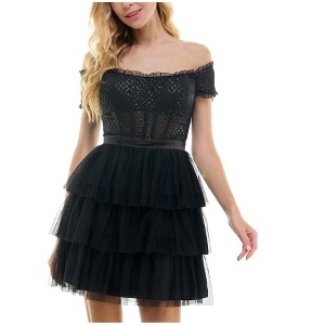 City Studio Womens Mesh Tiered Dress, Black, 7/8 - 1 of 2