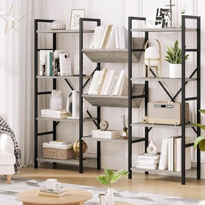 Homhougo Triple Wide 4 Tier Bookshelf, Tall Bookshelf with Open Display Shelves, Industrial Large Bookshelves and Bookcases with Metal Frame, Gray - 1 of 4