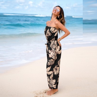 Women's Tropical Palm Leaf Print Strapless Jumpsuit - Cupshe