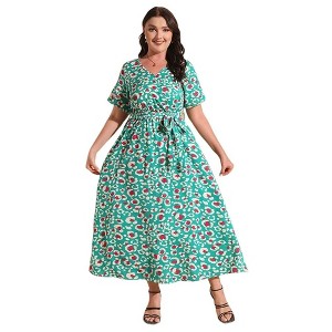 Plus Size Women's V Neck Maxi Dress Belted Waist Flowy Ankle Length Casual Elegant Party Dress - 1 of 2