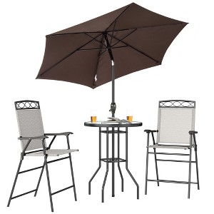 4 Piece Outdoor Bar Set with Umbrella, Patio Dining Set with 2 Folding Chairs, Wave Textured Tempered Glass Table for Backyard, Garden, Deck, Poolside - 1 of 4