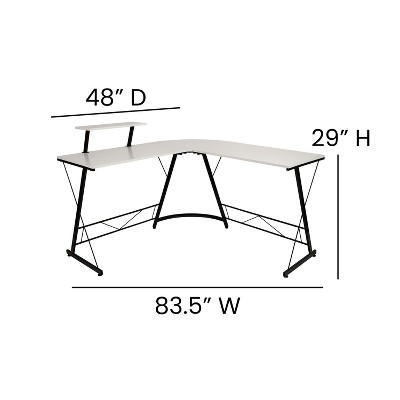 Sleek 71.5" White Laminate and Black Metal L-Shaped Gaming Desk with Monitor Stand
