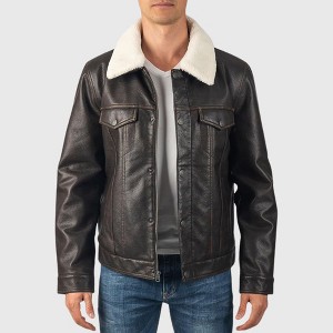 Alpine Swiss Aaron Mens Fitted Trucker Jacket Faux Fur Collar Vegan Leather Warm Casual Coat - 1 of 4
