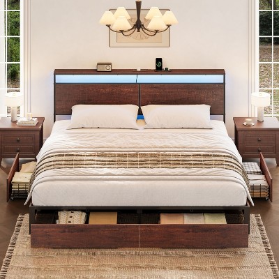 WOWLIVE Queen/Full/King Size Bed Frame with 4 Drawers, Modern bed with LED Light and Charging Station, Storage Headboard, HB00